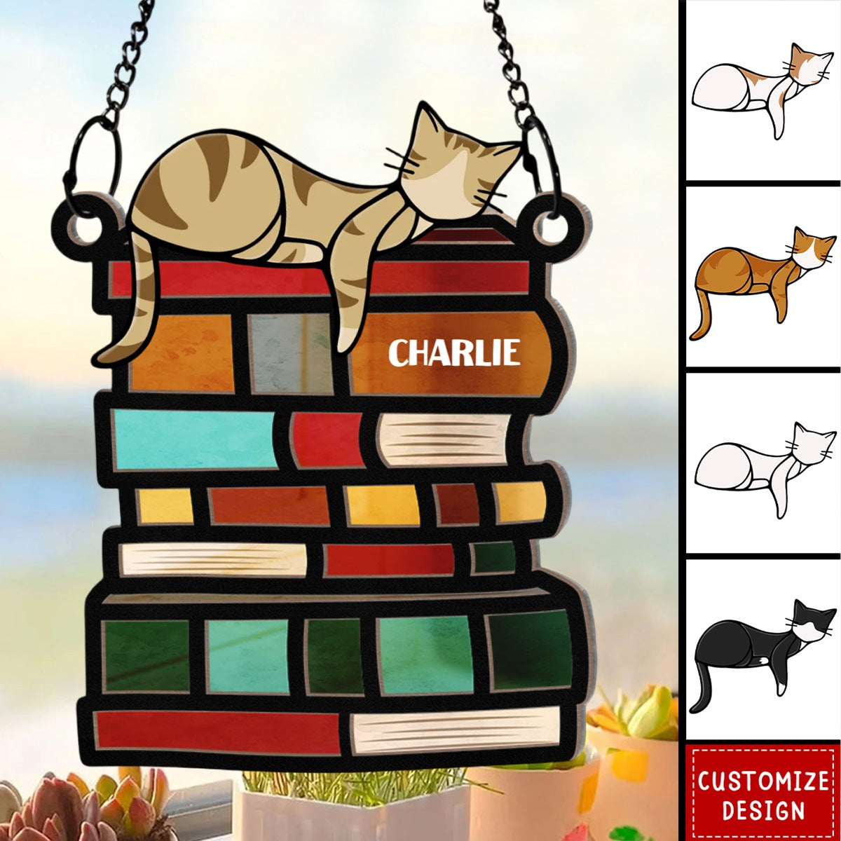 Sleeping Cat On The Books - Personalized Window Hanging Suncatcher Ornament