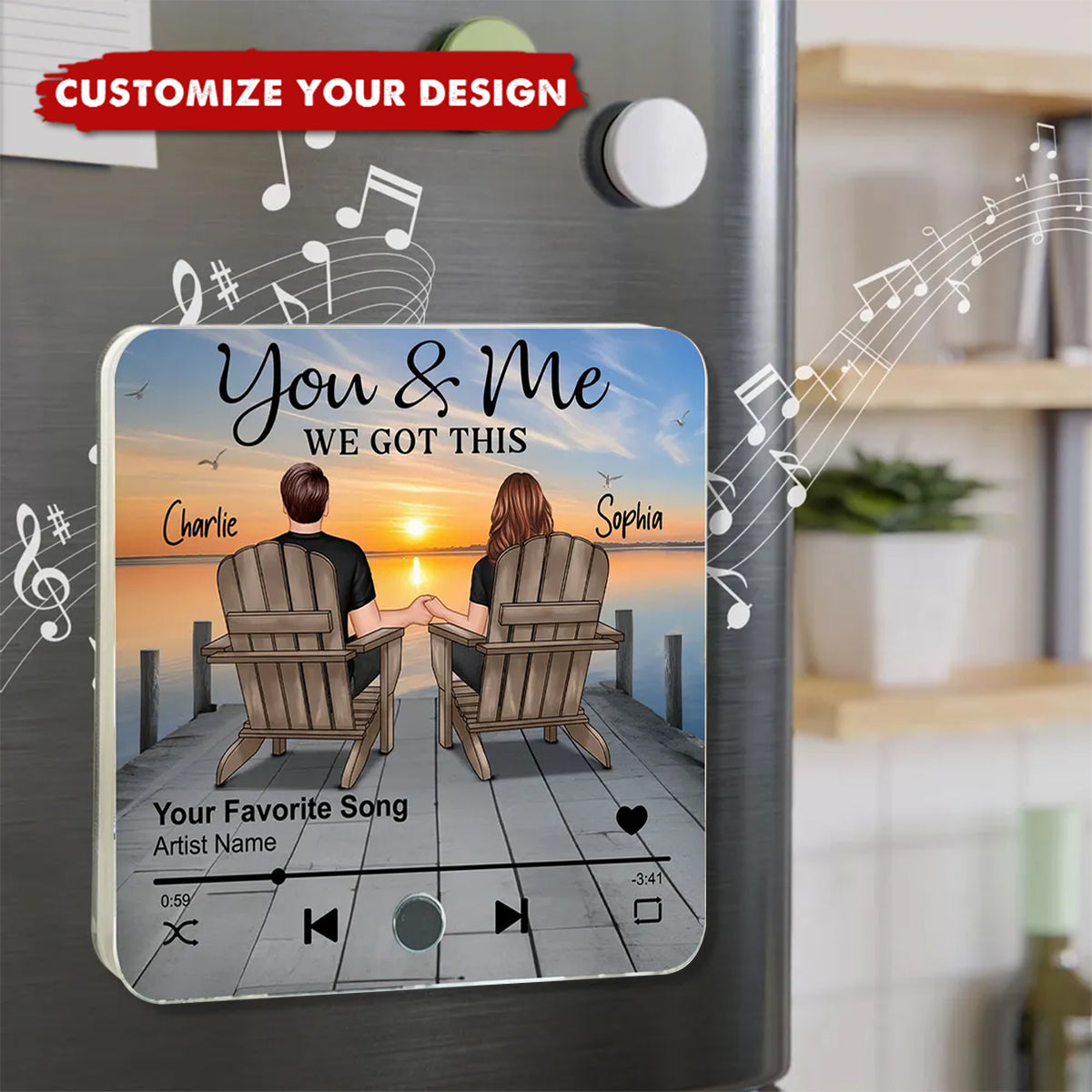 Romantic Couple Hand-in-Hand Personalized Music Fridge Magnet - Personalized Anniversary & Valentine's Gift for Couples