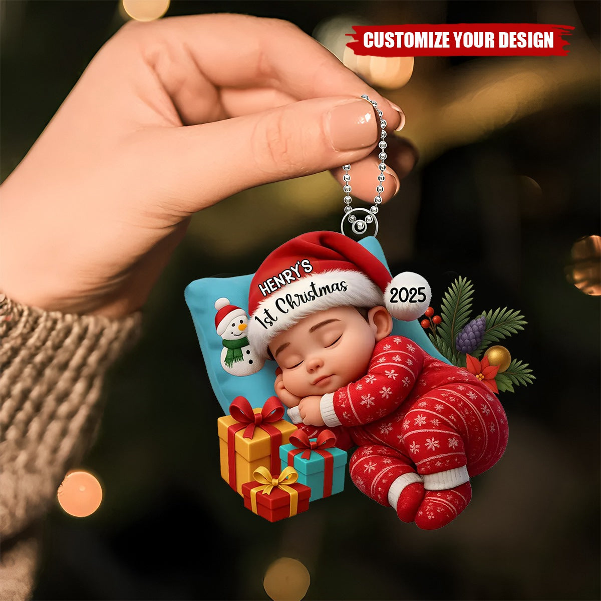 Sleeping Baby in Christmas Cheer Personalized Acrylic Ornament, Baby's 1st Christmas Keepsake, Baby Gift from Grandparents/Parents