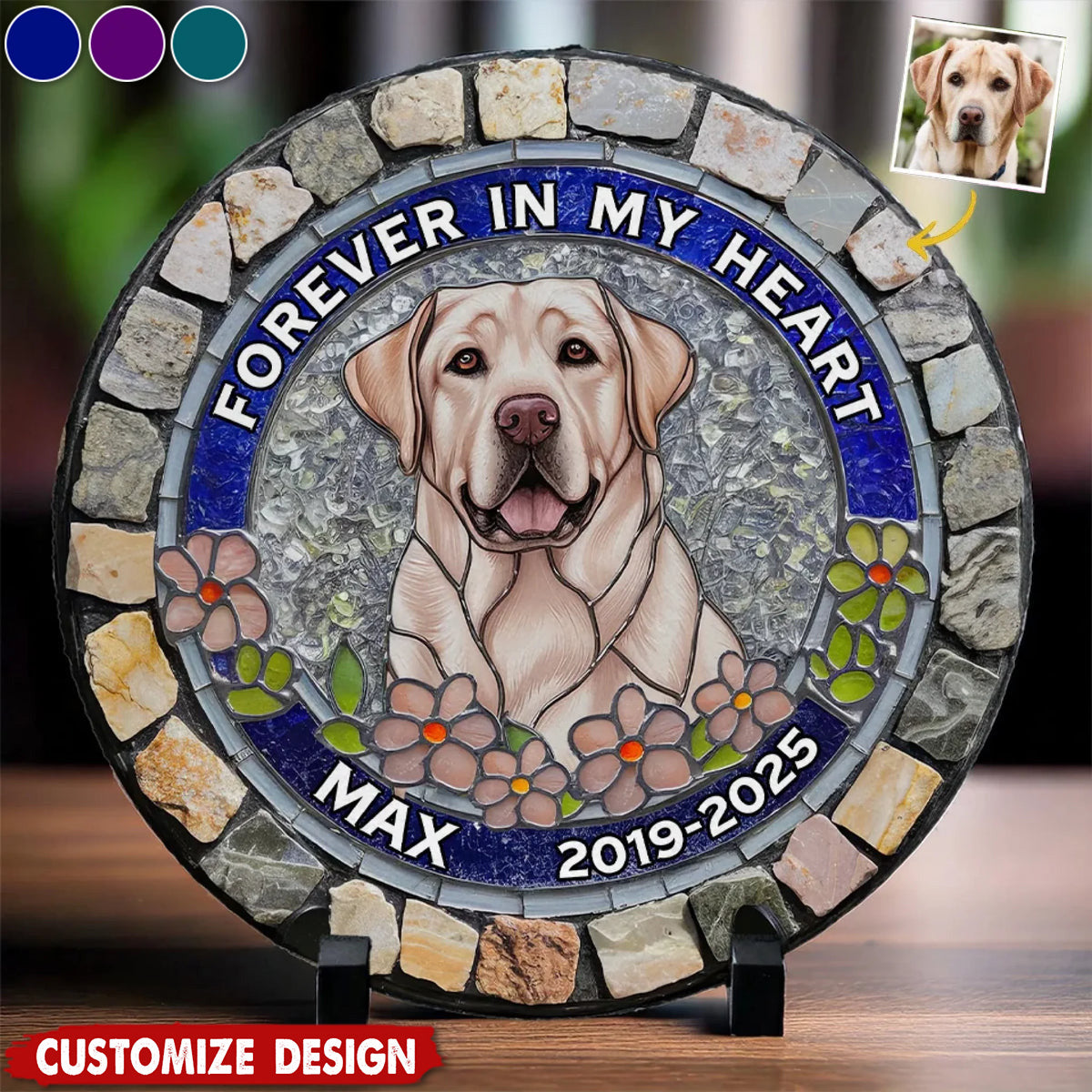 Forever Loved Personalized Photo Memorial Mosaic Faux Stained Glass Print Round Shaped Stone