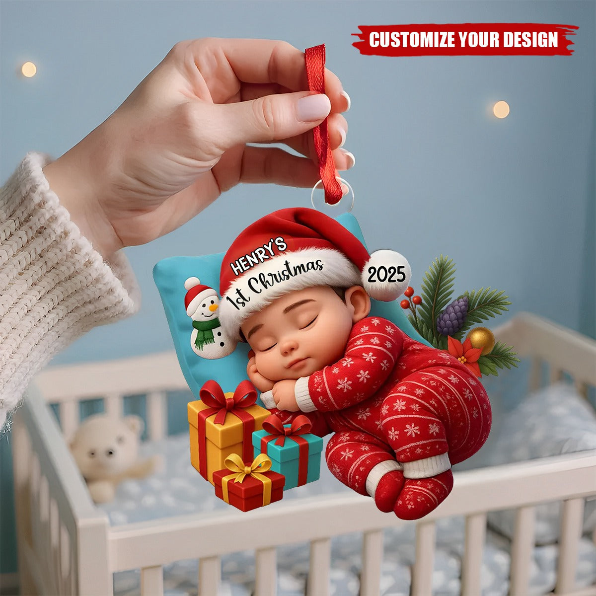 Sleeping Baby in Christmas Cheer Personalized Acrylic Ornament, Baby's 1st Christmas Keepsake, Baby Gift from Grandparents/Parents