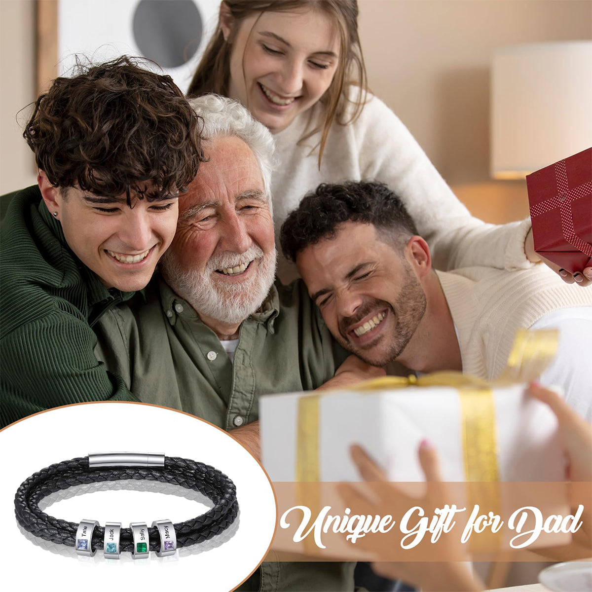 Personalized Mens Braid Bracelet with 1-8 Engraved Beads Family Names-Gifts for Men Father's day