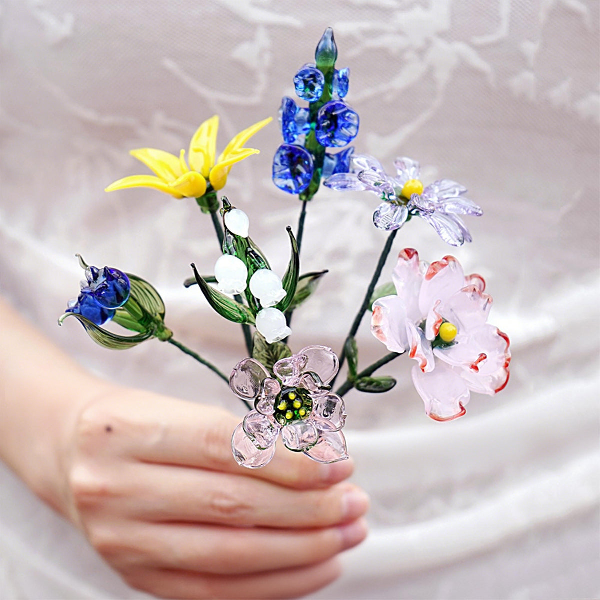Handmade Glass Birth Month Flower, Birth Flower Bouquet - Teachers' Day Gift,Gift for Mom Grandma& Friends