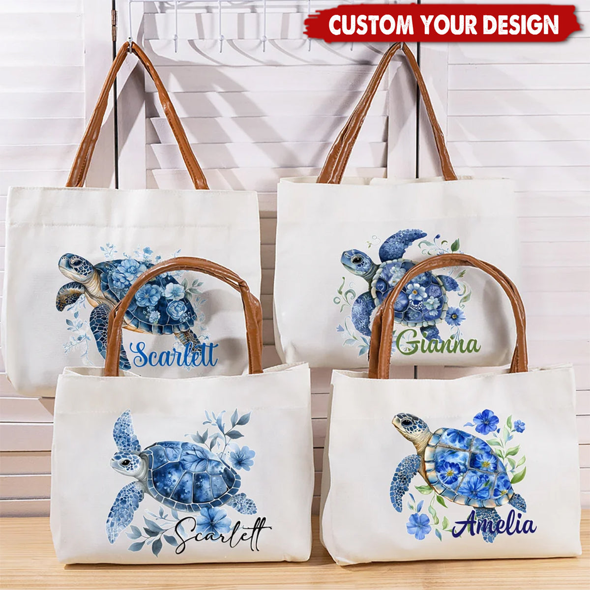 Personalised Blue Floral Sea Turtle Canvas Tote Bag with Name and PU Leather Handle