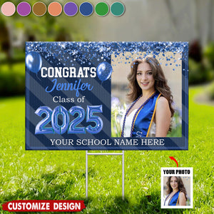 Personalized Congrats 2025 Senior Photo Multicolor Glitter Balloon Flag - Graduation Decoration Gift