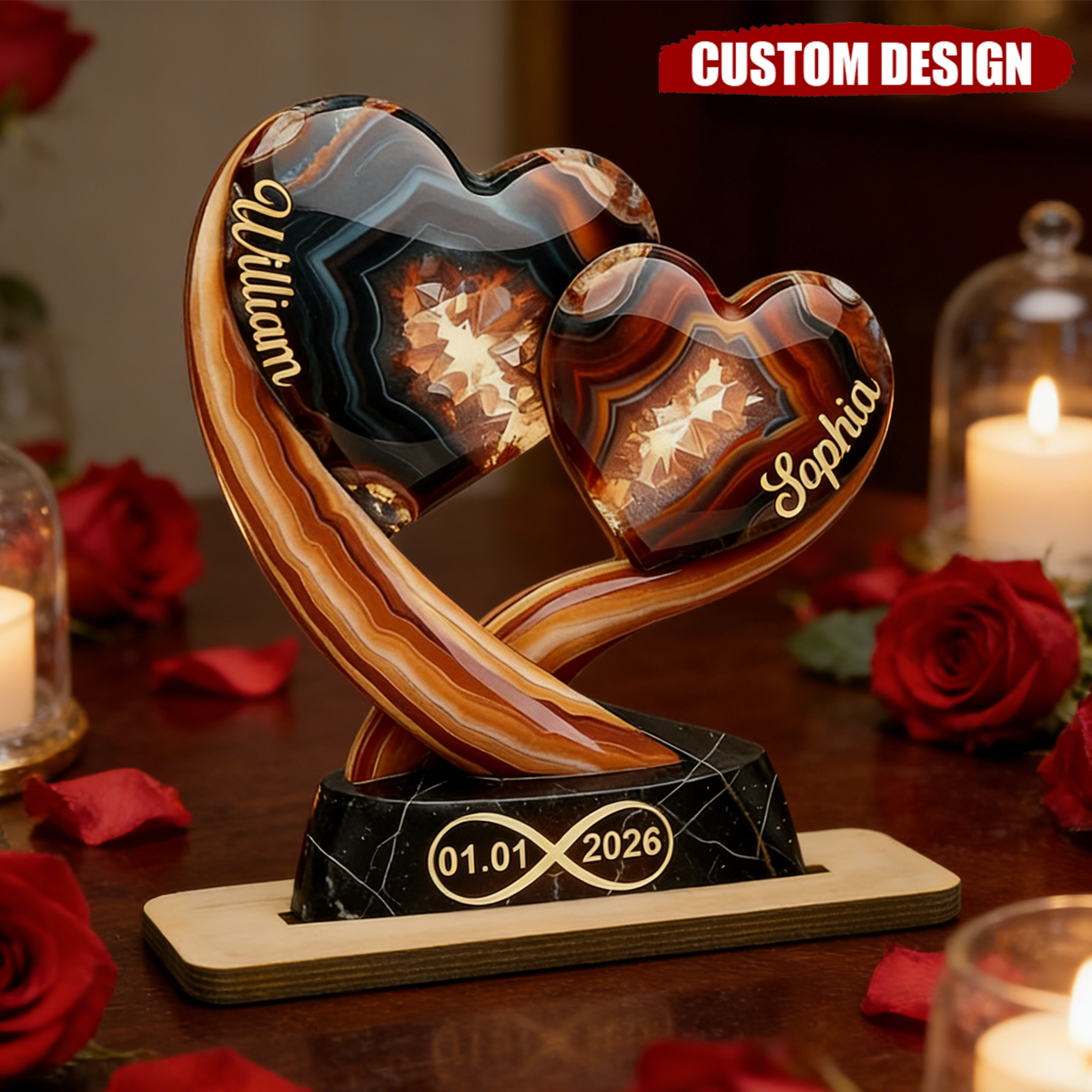 Together Forever-Personalized Two Heart Couple Wooden Plaque