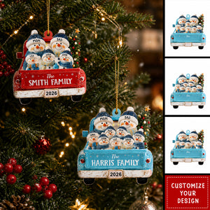 Personalized Red Truck With Snowman Family Ornament, Christmas Tree Decor