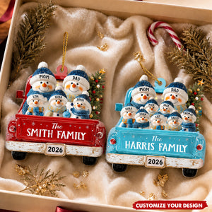Personalized Red Truck With Snowman Family Ornament, Christmas Tree Decor