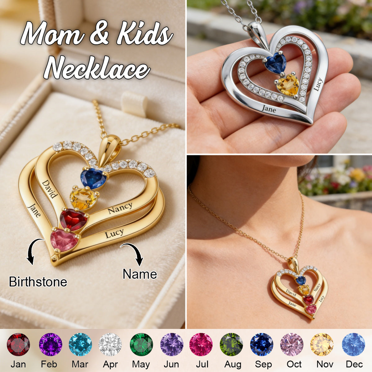 Personalized Kids Birthstone Name Necklace - Gift For Mom Grandma