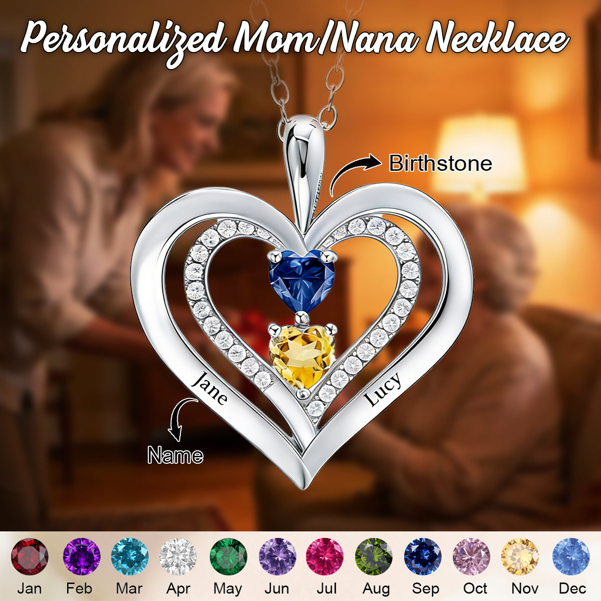 Personalized Kids Birthstone Name Necklace - Gift For Mom Grandma