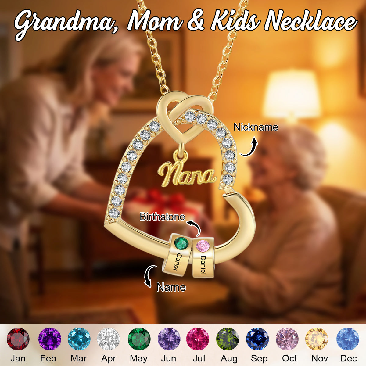 Personalized Kids Birthstone Name Heart Necklace - Gift For Mom Grandma
