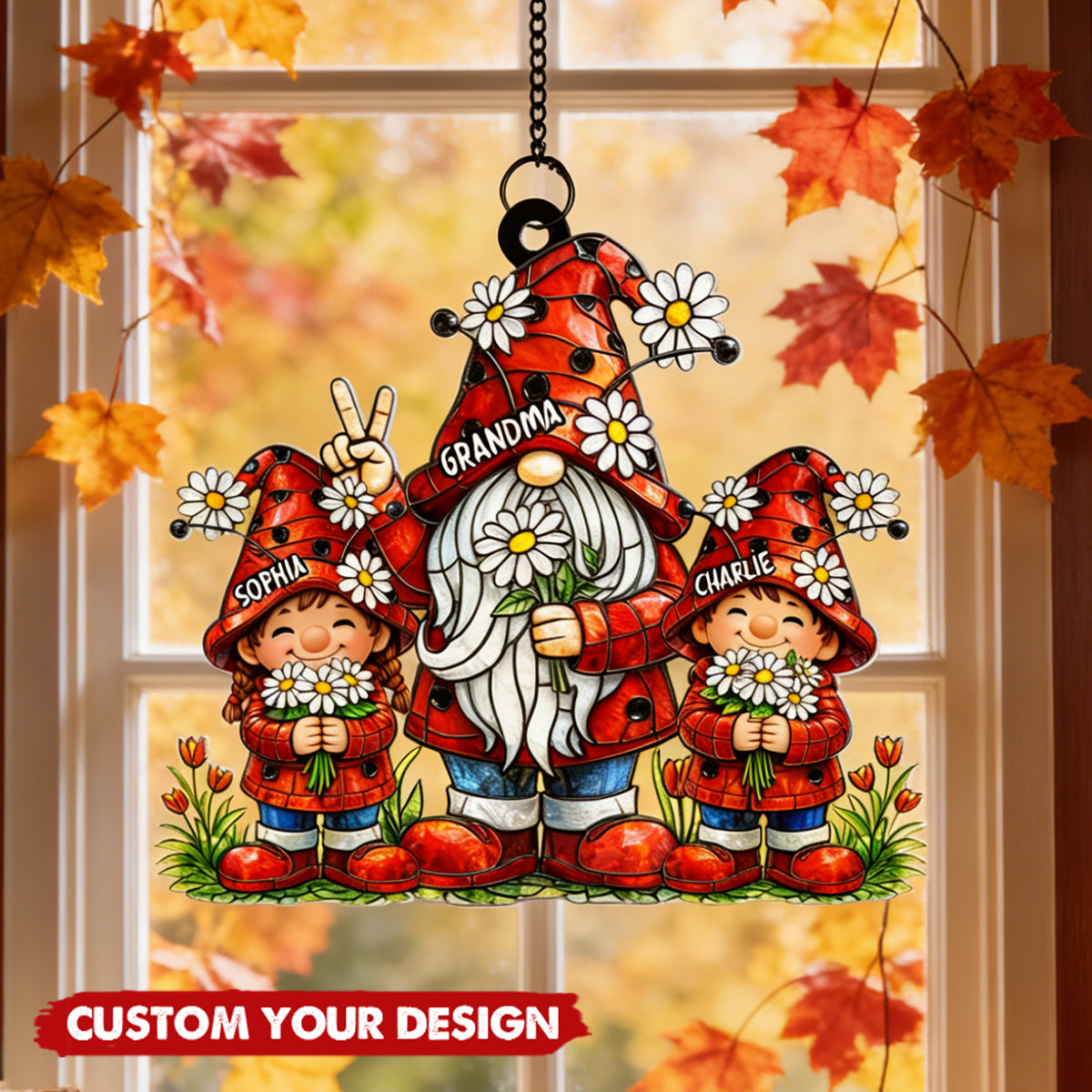 Grandma Grandkids Daisy Flowers - Personalized Window Hanging Suncatcher Ornament - Gift For Grandma