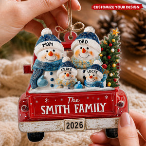 Personalized Red Truck With Snowman Family Ornament, Christmas Tree Decor