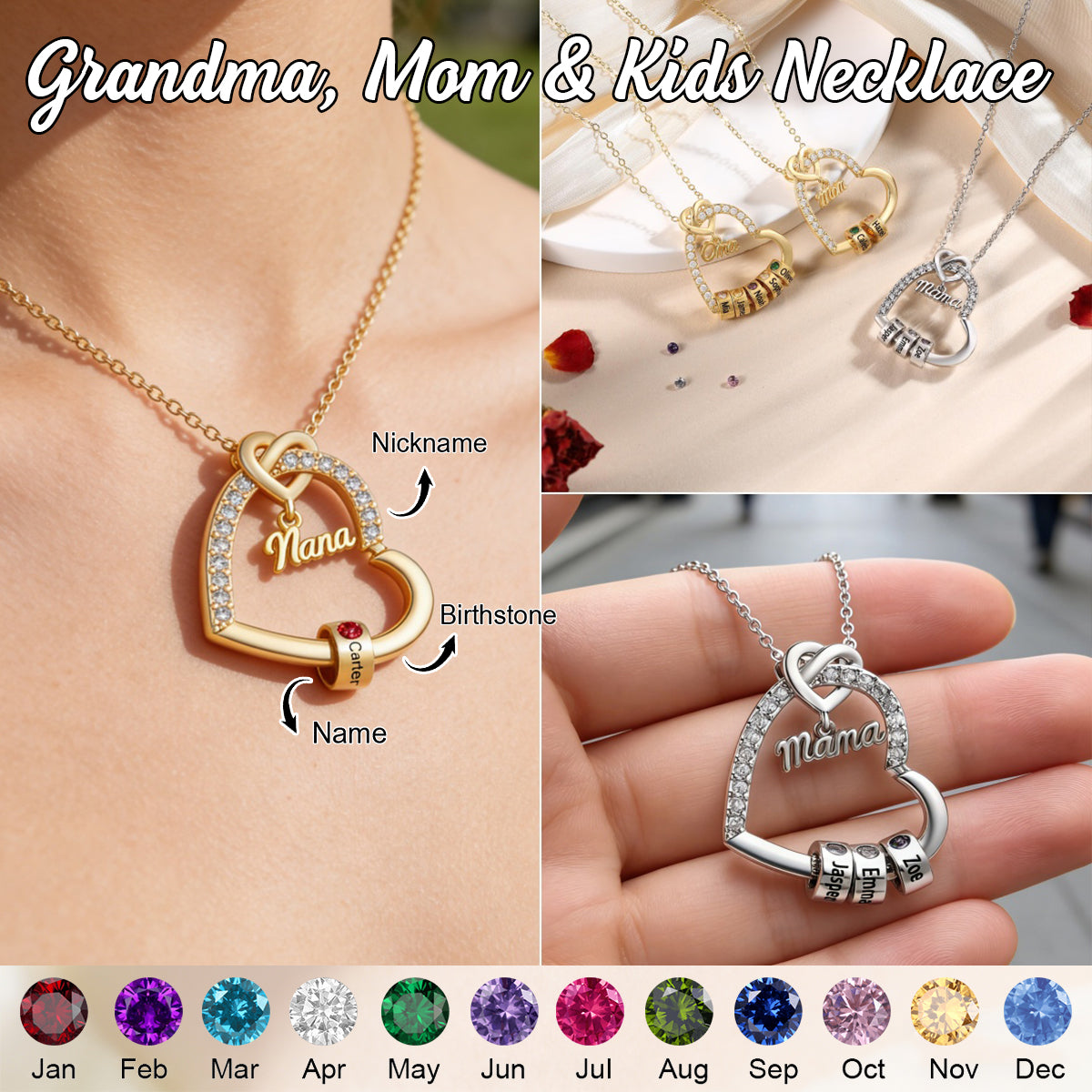 Personalized Kids Birthstone Name Heart Necklace - Gift For Mom Grandma