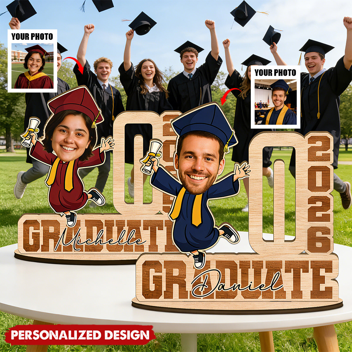 Funny Graduation Gift 2026-Personalized Face Wooden Plaque with Name & Money Holder