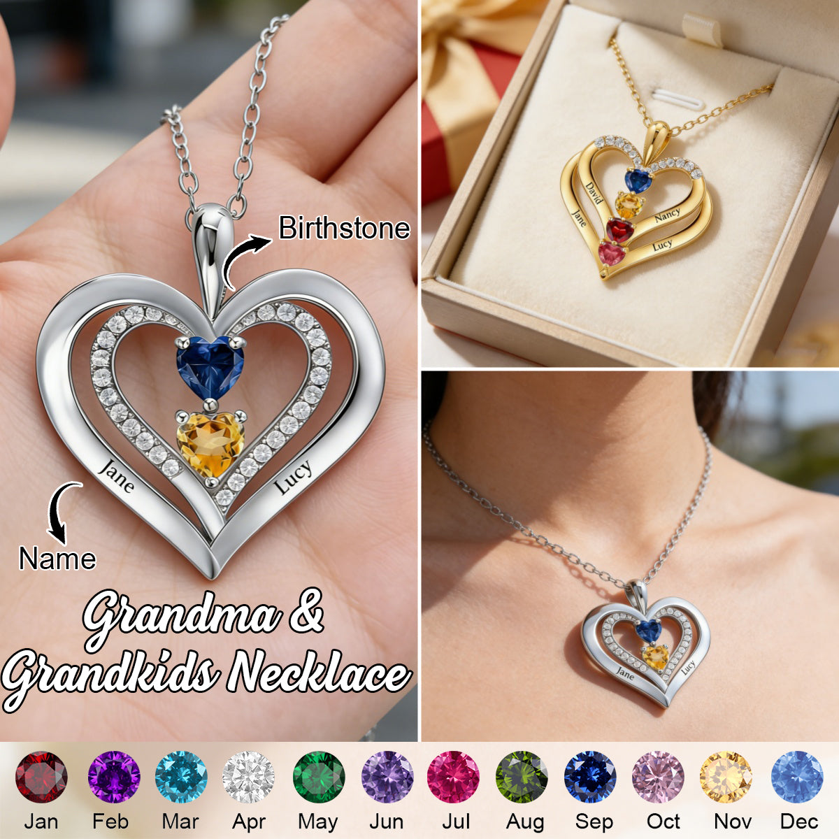 Personalized Kids Birthstone Name Necklace - Gift For Mom Grandma