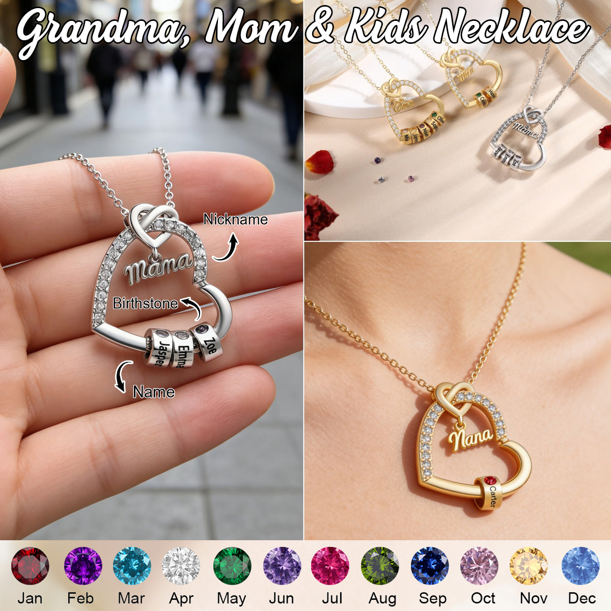 Personalized Kids Birthstone Name Heart Necklace - Gift For Mom Grandma