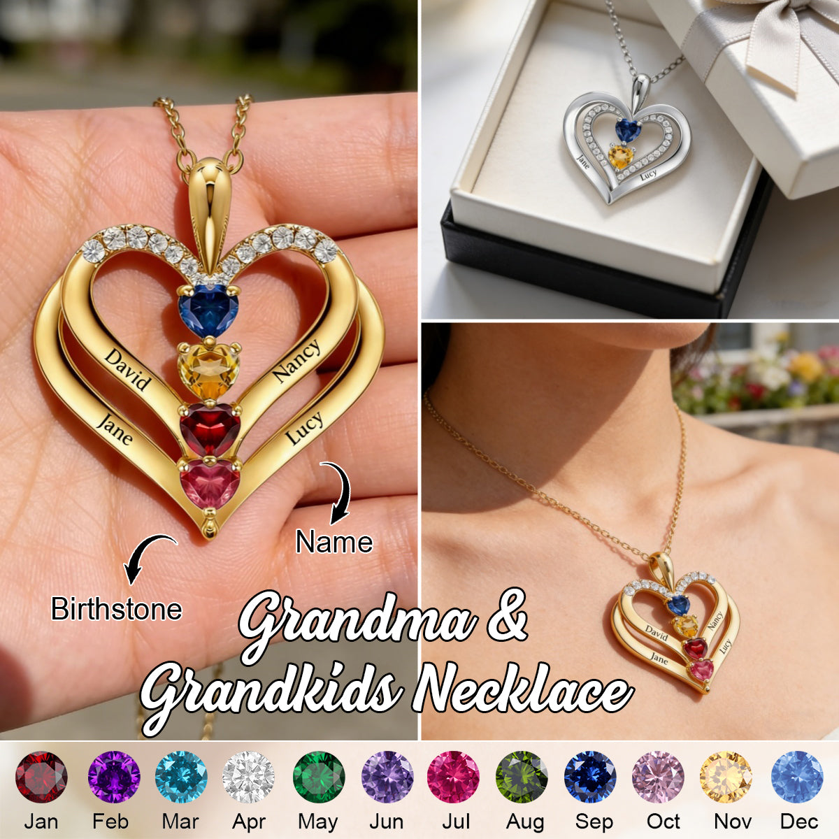 Personalized Kids Birthstone Name Necklace - Gift For Mom Grandma