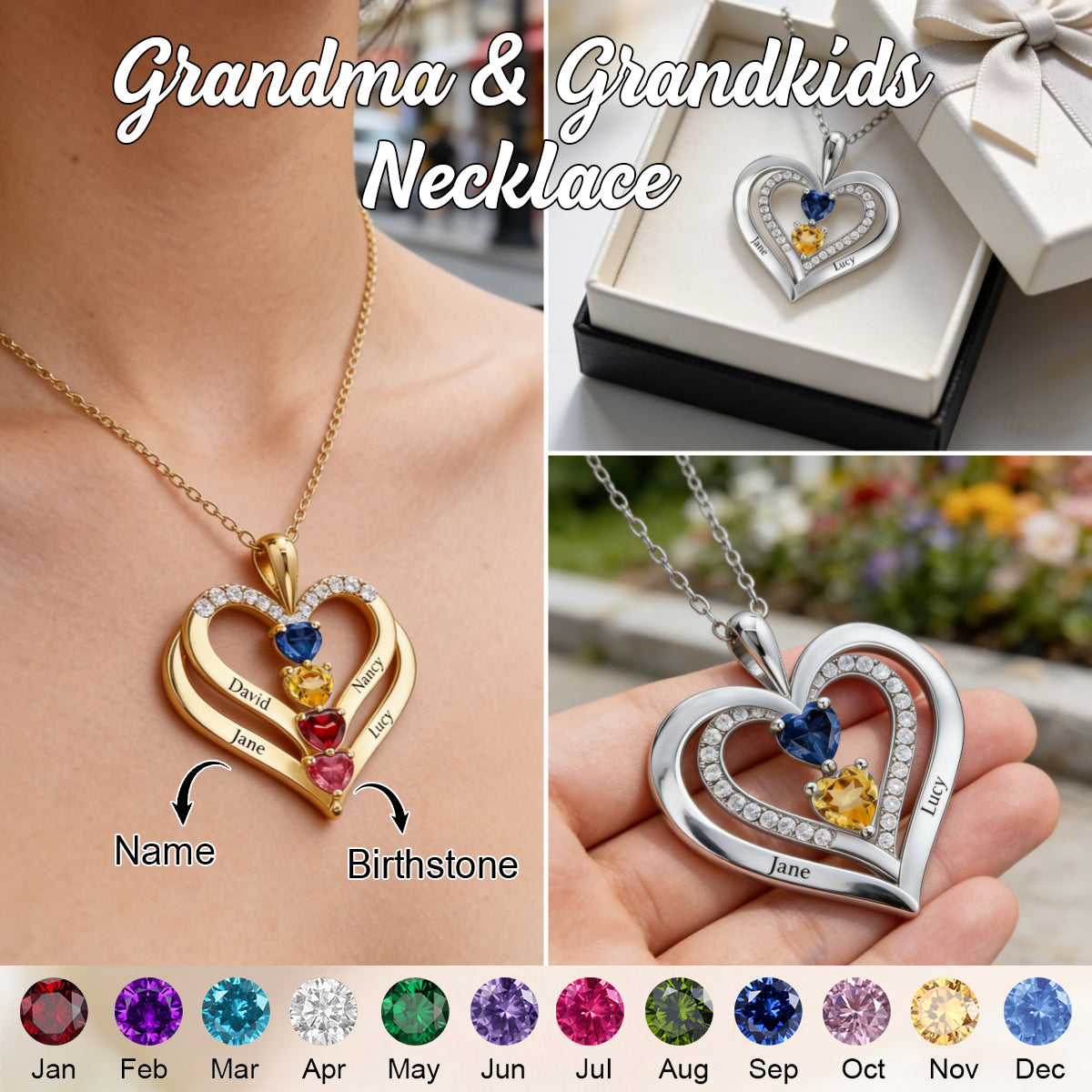 Personalized Kids Birthstone Name Necklace - Gift For Mom Grandma