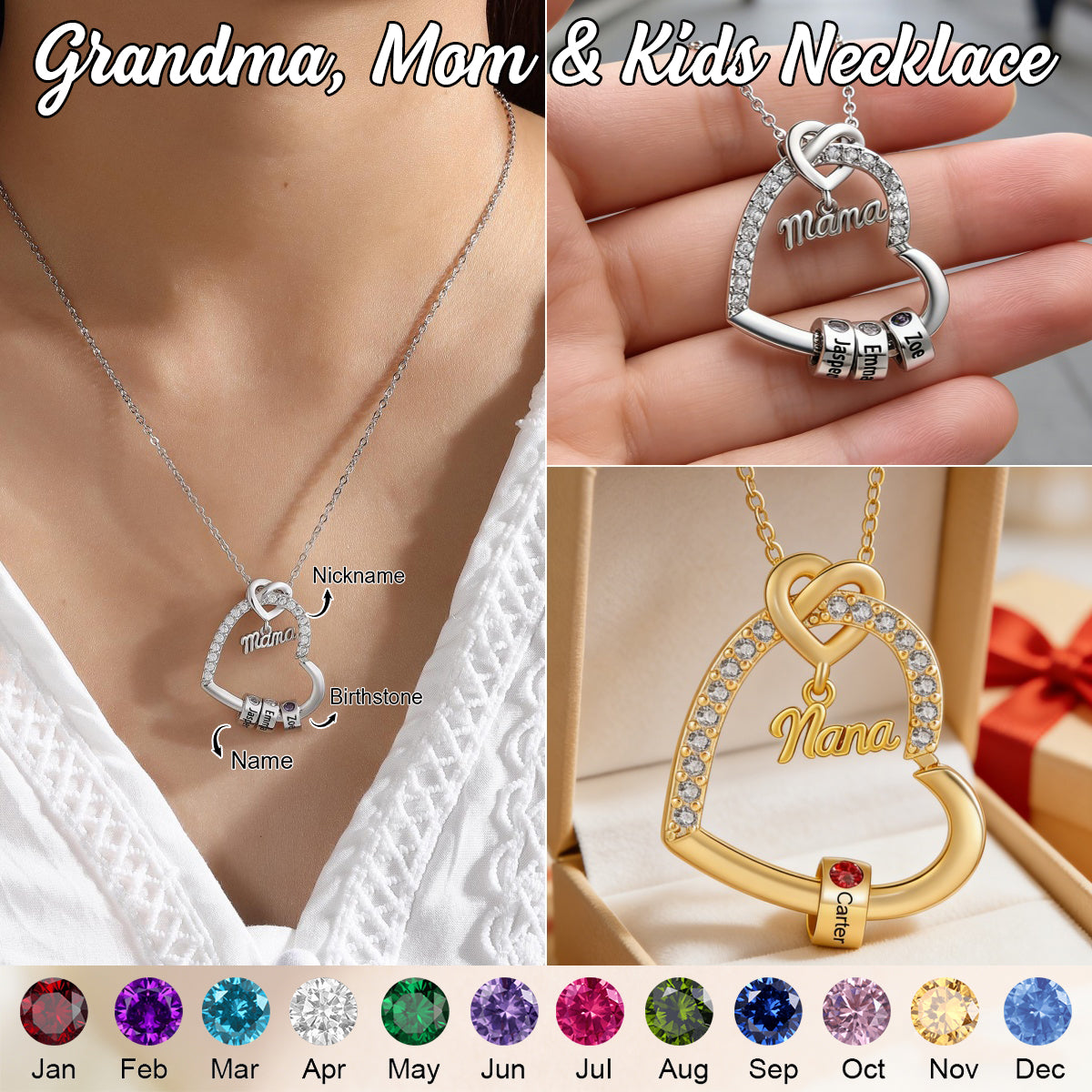 Personalized Kids Birthstone Name Heart Necklace - Gift For Mom Grandma