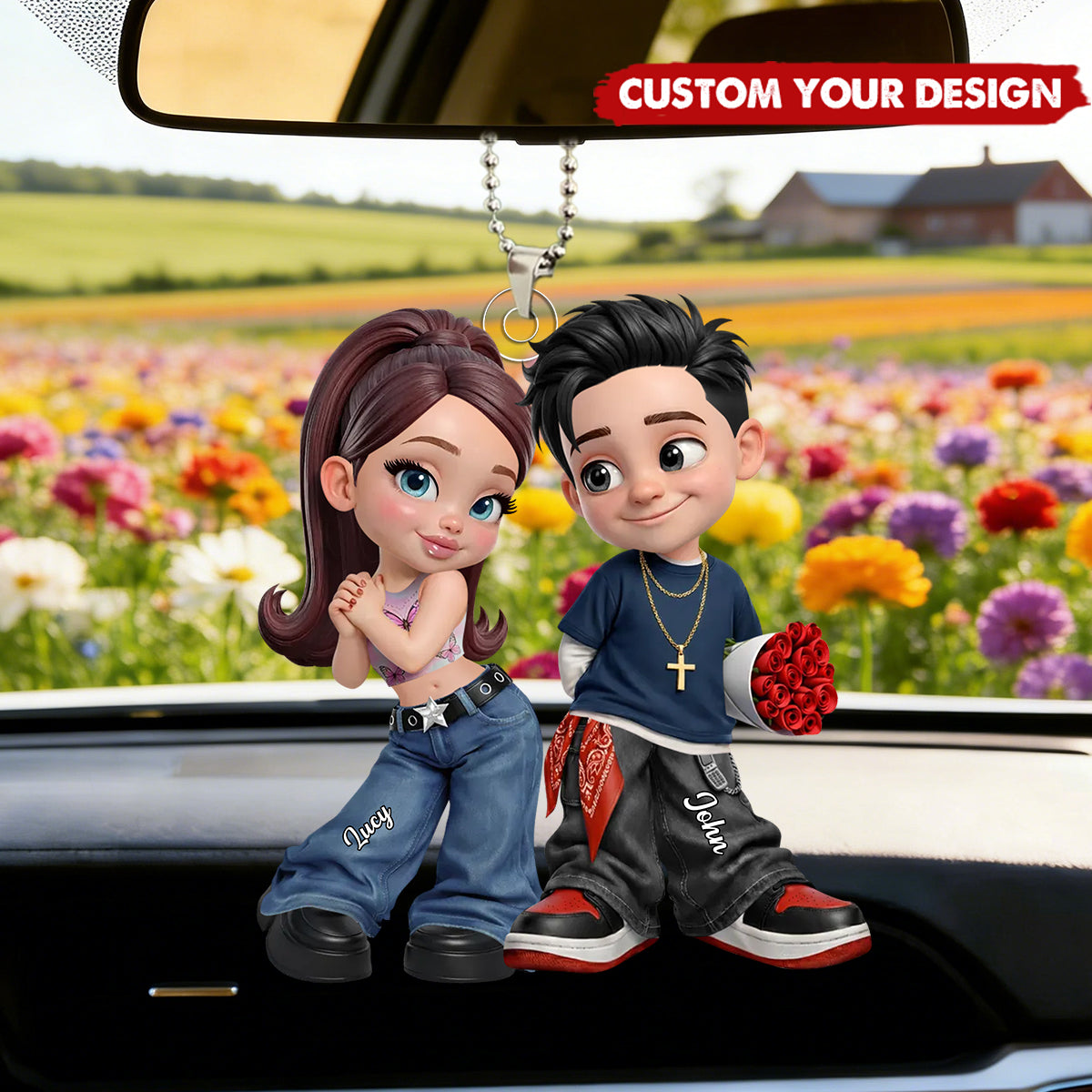 Trendy Y2K Couple Car Ornament - Personalized Gift For Couples