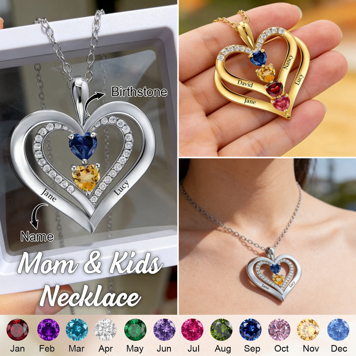 Personalized Kids Birthstone Name Necklace - Gift For Mom Grandma