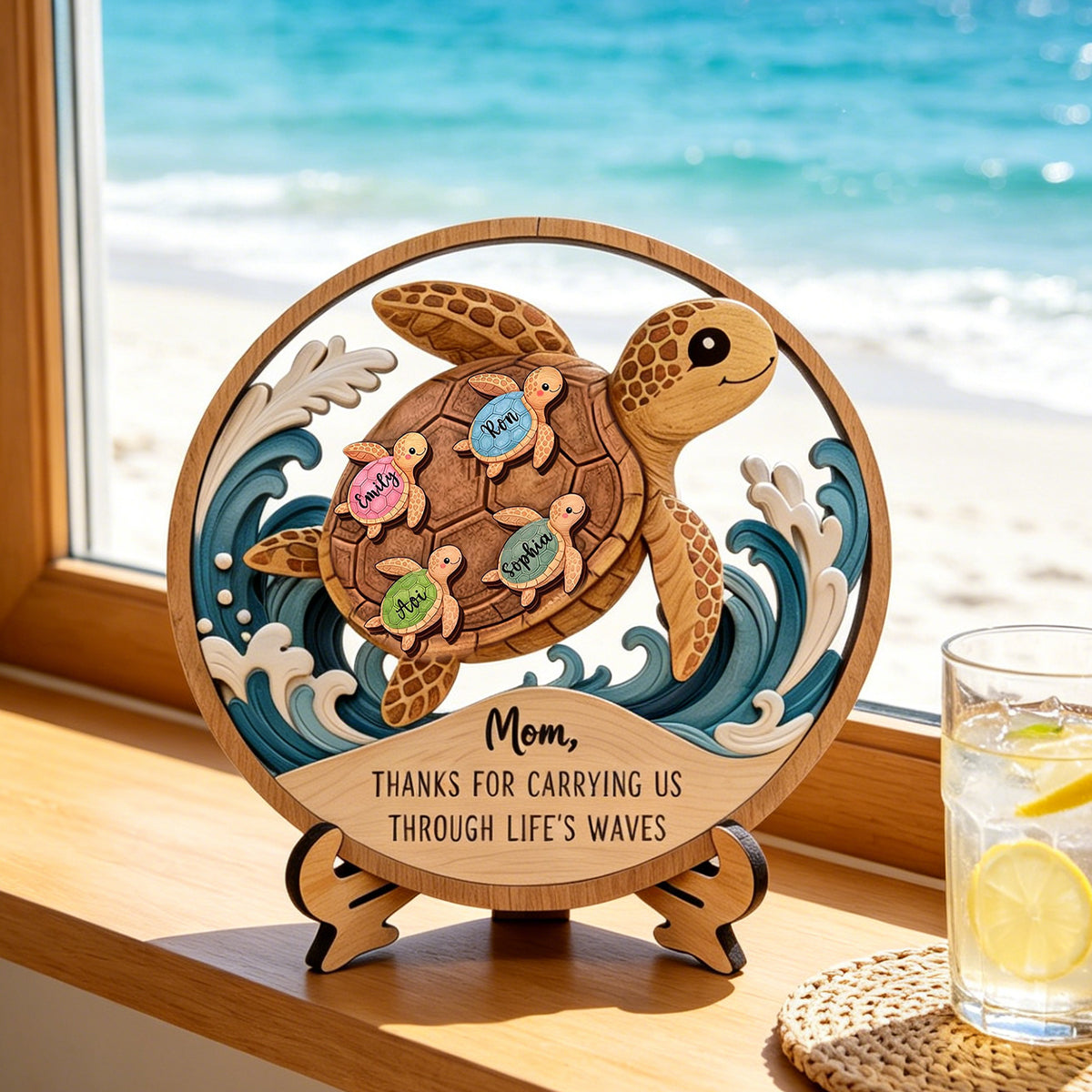 Personalized Wooden Sea Turtle Family Plaque, Unique Mom Gift, Turtle Lover Keepsake