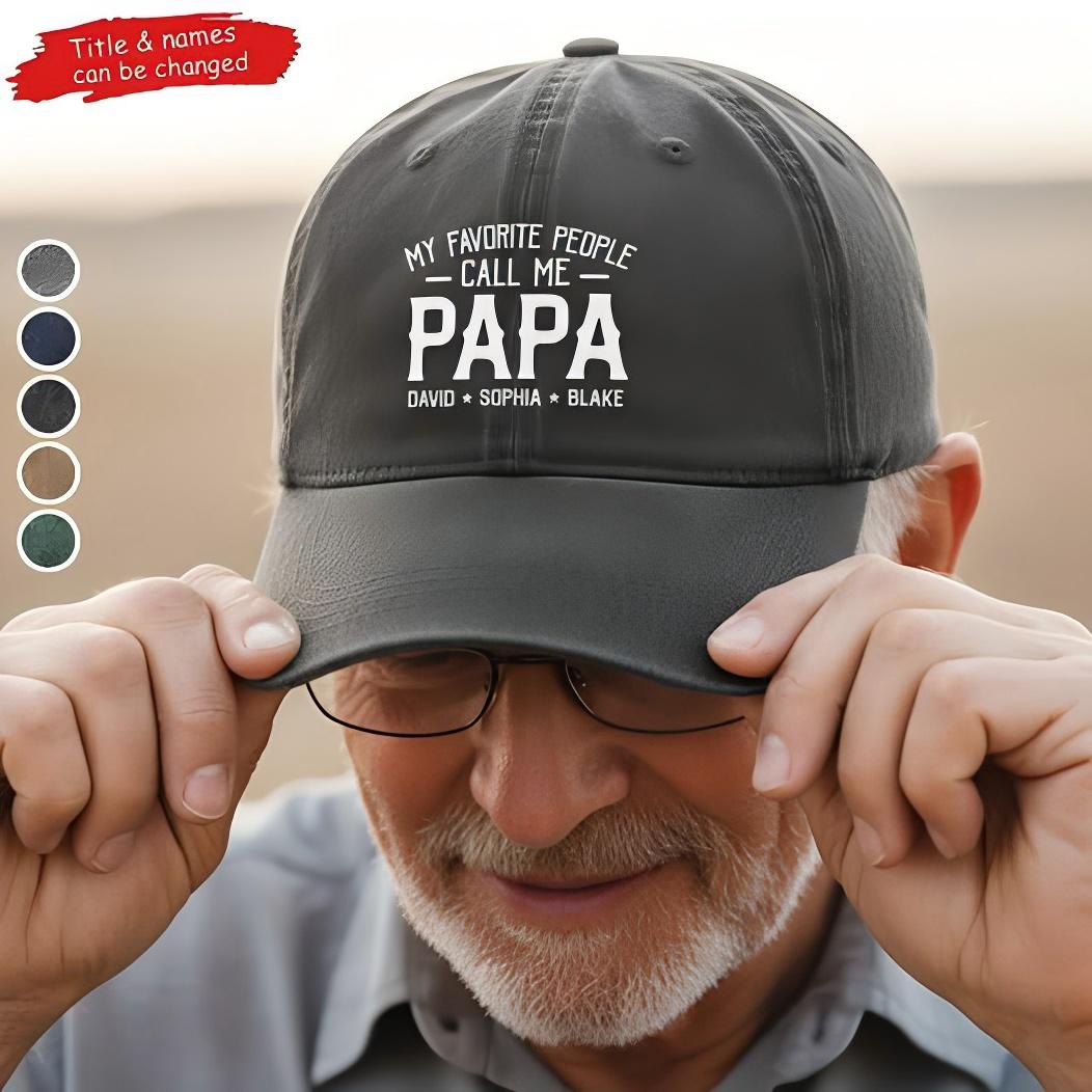 My Favorite People Call Me Papa - Personalized Vintage Washed Denim Cap - Gift for Dad, Papa, or Grandpa