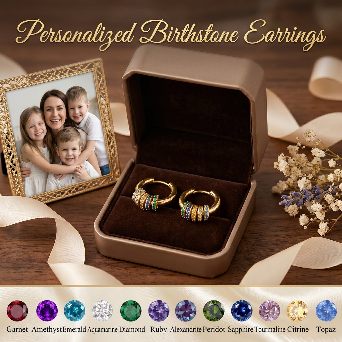 Personalized Multiple Birthstone Hoop Earrings, Minimalist Birthstone Circle Earrings, Mother's Day Gift