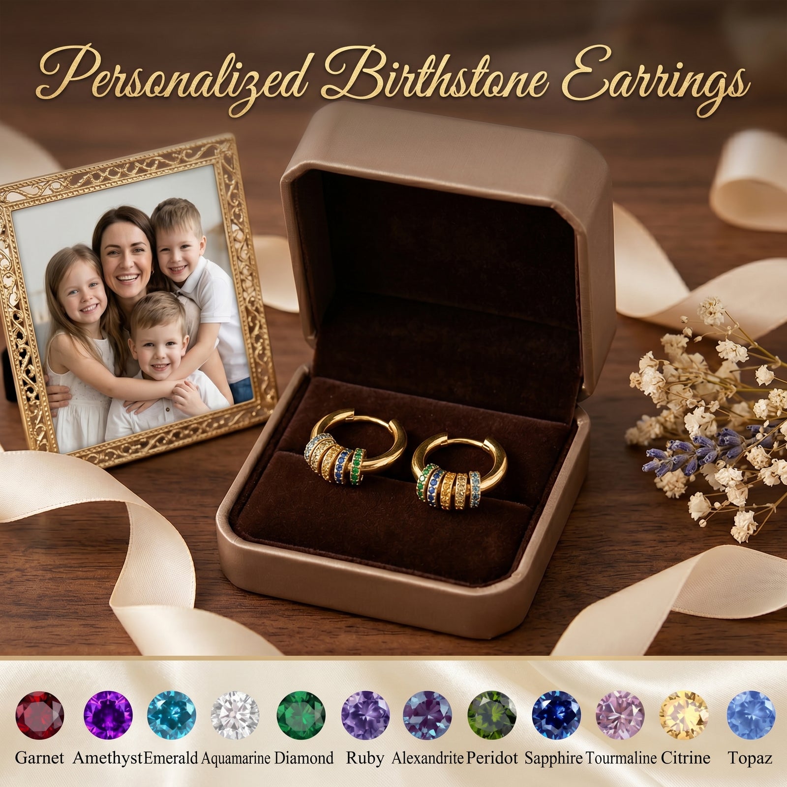 Personalized Multiple Birthstone Hoop Earrings, Minimalist Birthstone Circle Earrings, Mother's Day Gift