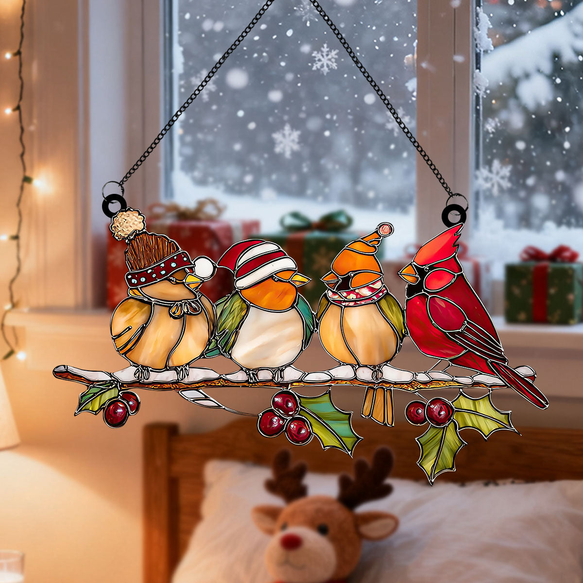 Christmas Cardinal Acrylic Suncatcher, Holiday Birds Window Ornament