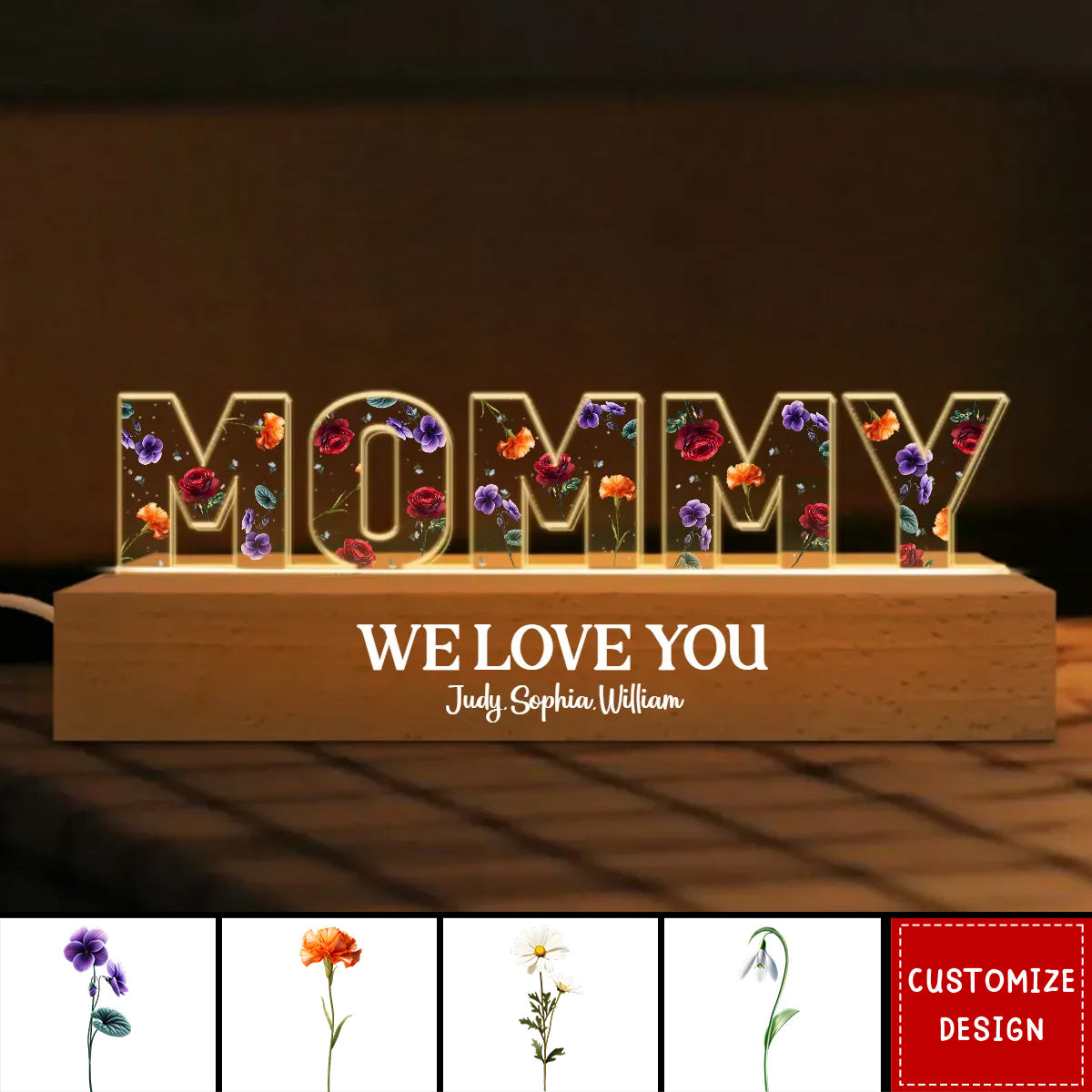 Mommy Birth Month Flowers Personalized Name LED Night Light-Gift For Mom