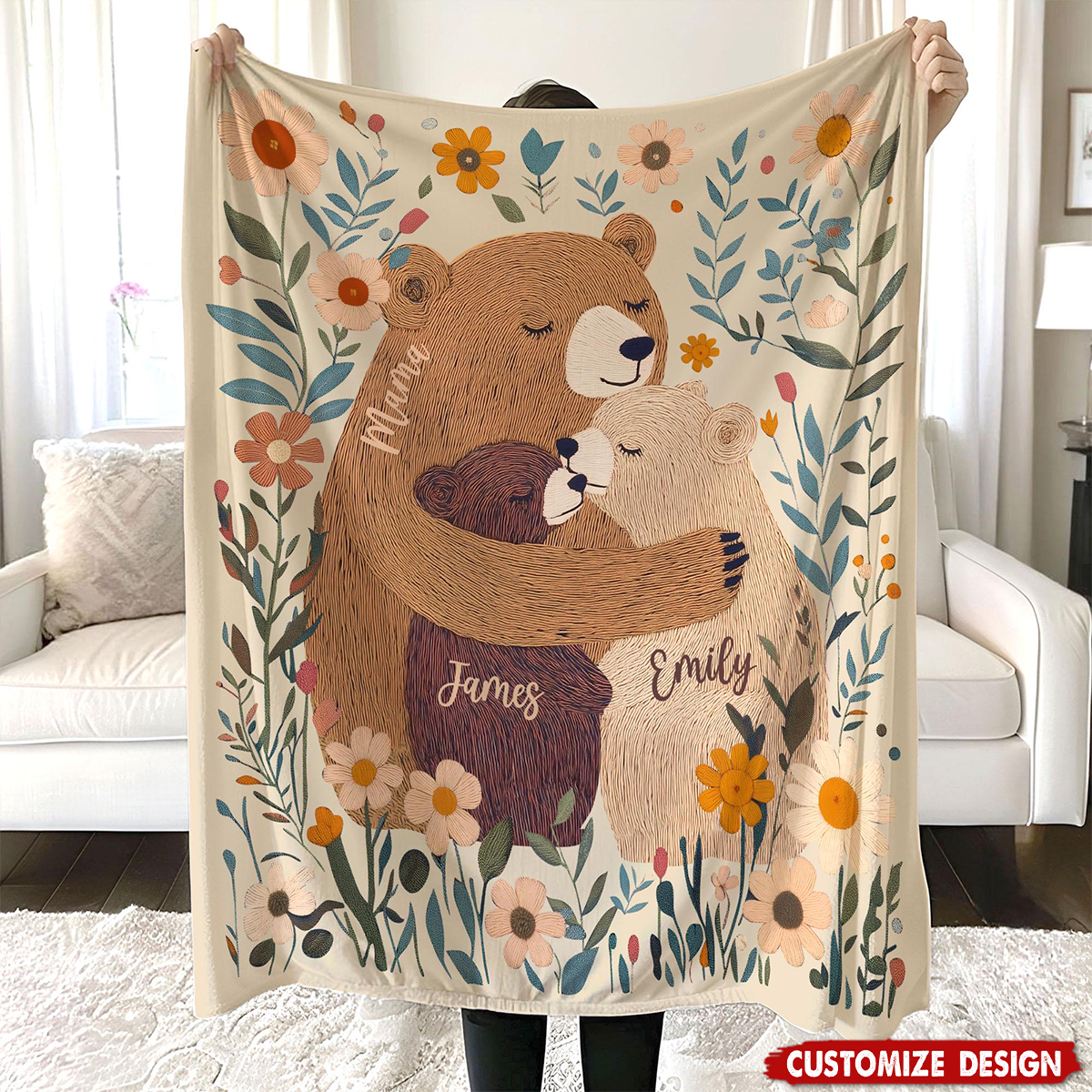 Personalized Mama Bear Flower Blanket - Gift for Mom Grandma