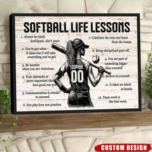Softball Life Lessons Personalized Canvas, Custom Softball Poster Print, Motivational Softball Gift for Girls, Women, Softball Players