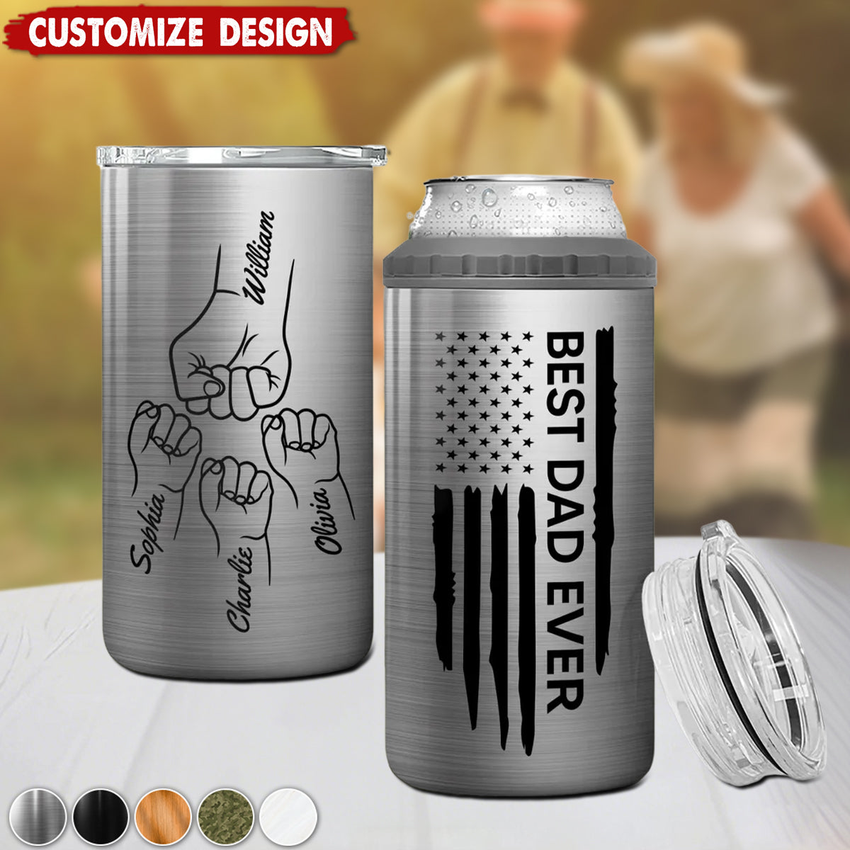 Best Dad Ever Fist Bump Outline Nation Flag - Personalized Can Cooler - Gift For Dad