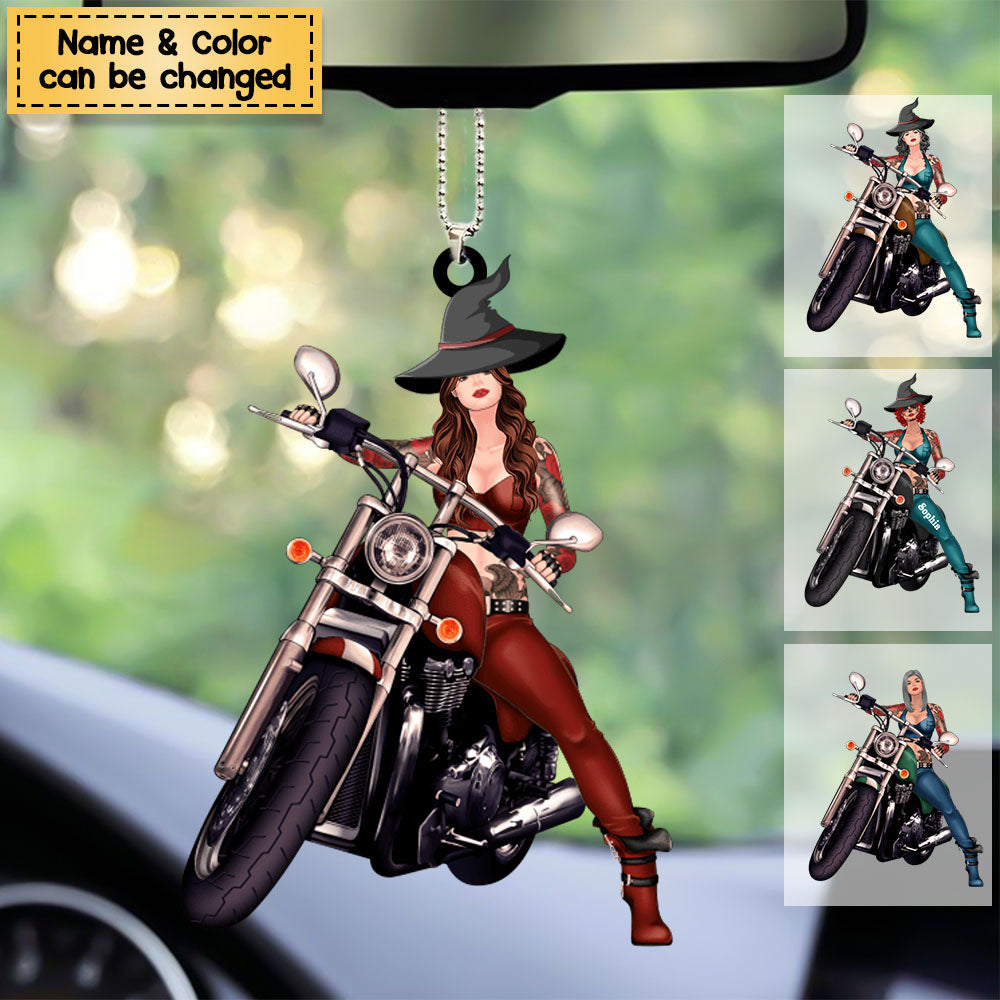 Custom Personalized Witch Biker Acrylic Car Ornament - Halloween Gift Idea For Bikers