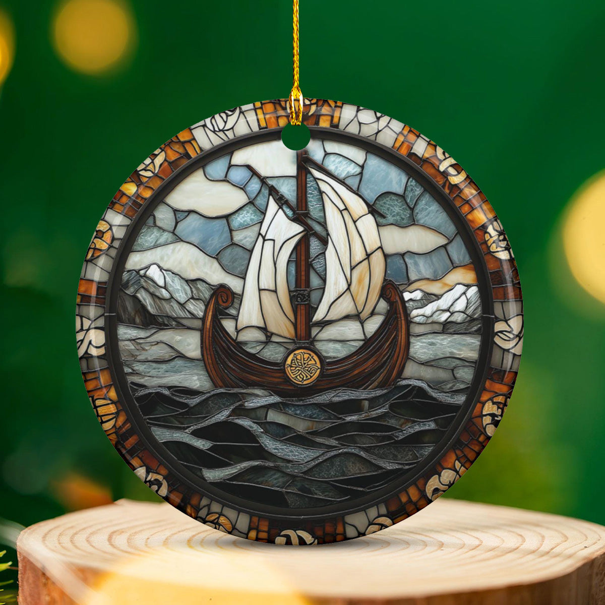 Round Viking Ship Ceramic Ornament