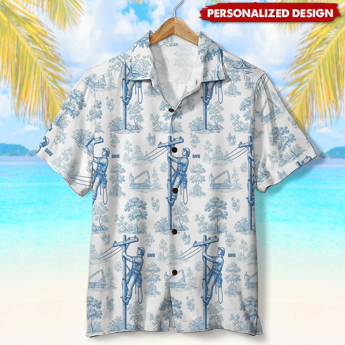 Vintage Toile Blue Pattern Hawaiian Shirt - Personalized Gifts For Lineman