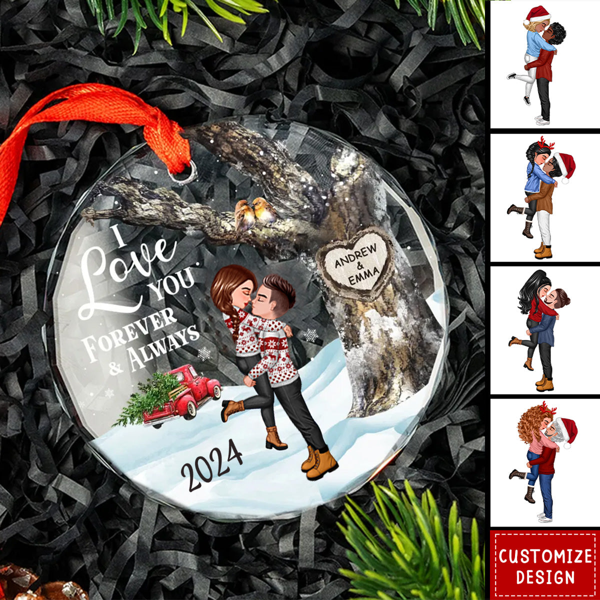 Couple Hugging Kissing Carved Heart Tree Personalized Glass Ornament - 2024 New Release