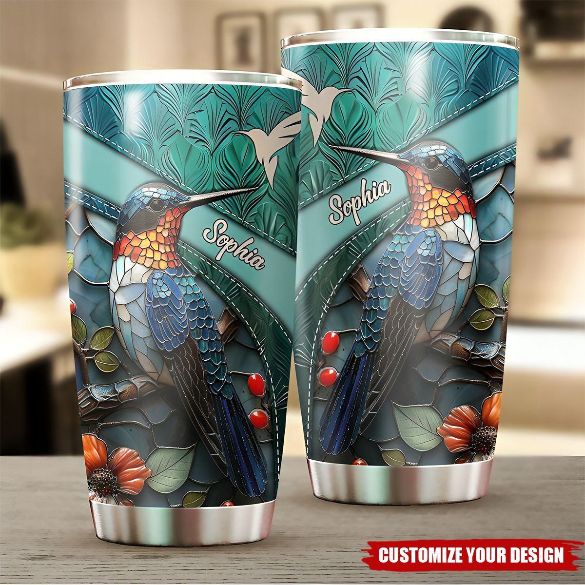 Personalized Stained Glass Hummingbird White Feather Pattern Tumbler