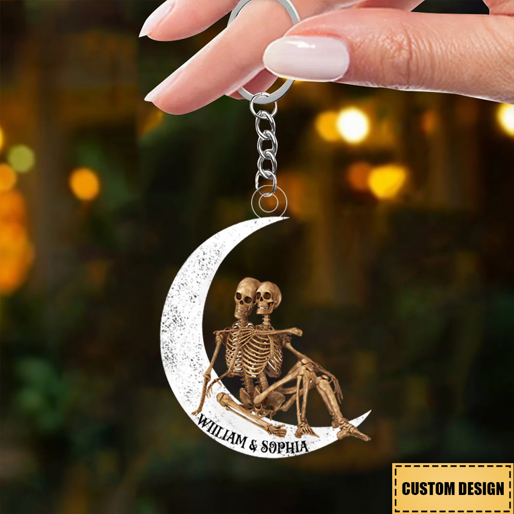 Personalized Skeleton Couple On The Moon Acrylic Keychain-Gift For Valentine's Day