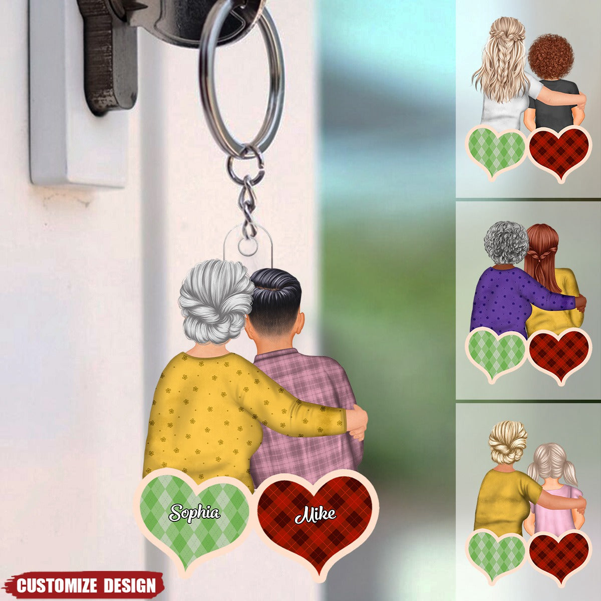 Checkered Pattern Hearts - Personalized Acrylic Keychain - Gift For Mom, Grandma