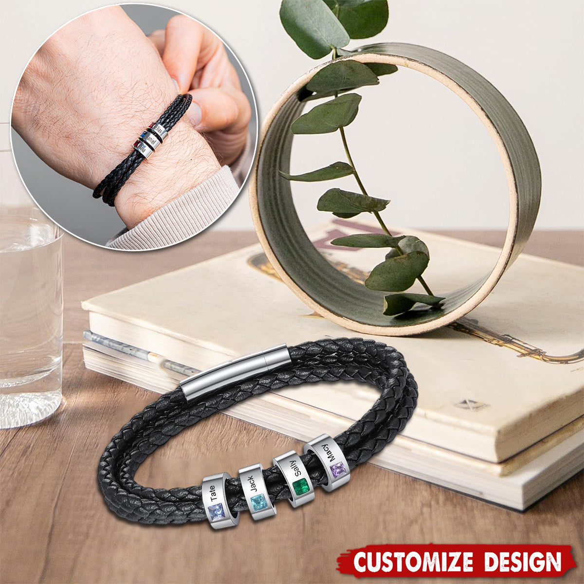 Personalized Mens Braid Bracelet with 1-8 Engraved Beads Family Names-Gifts for Men Father's day