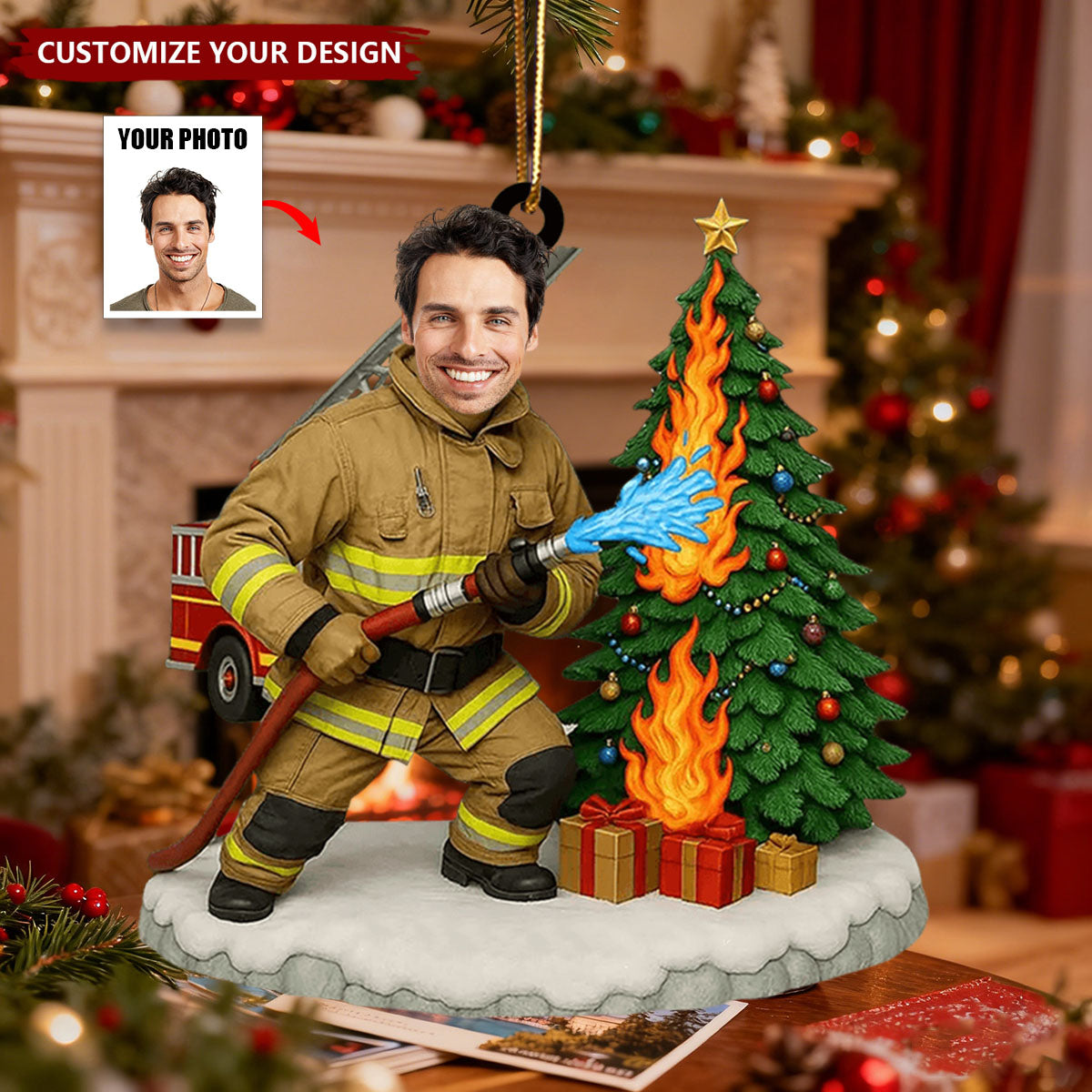 Personalized Photo Firefighter Christmas Ornament - Gift For Fireman