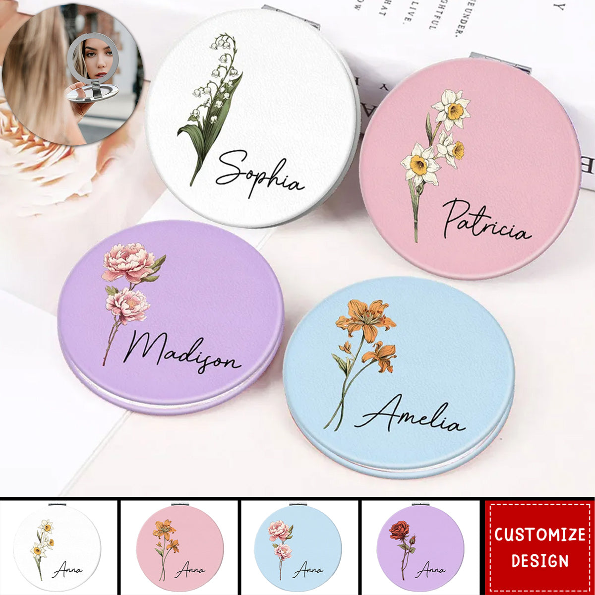 Beautiful Birth Month Flower Personalized Circle Compact Mirror