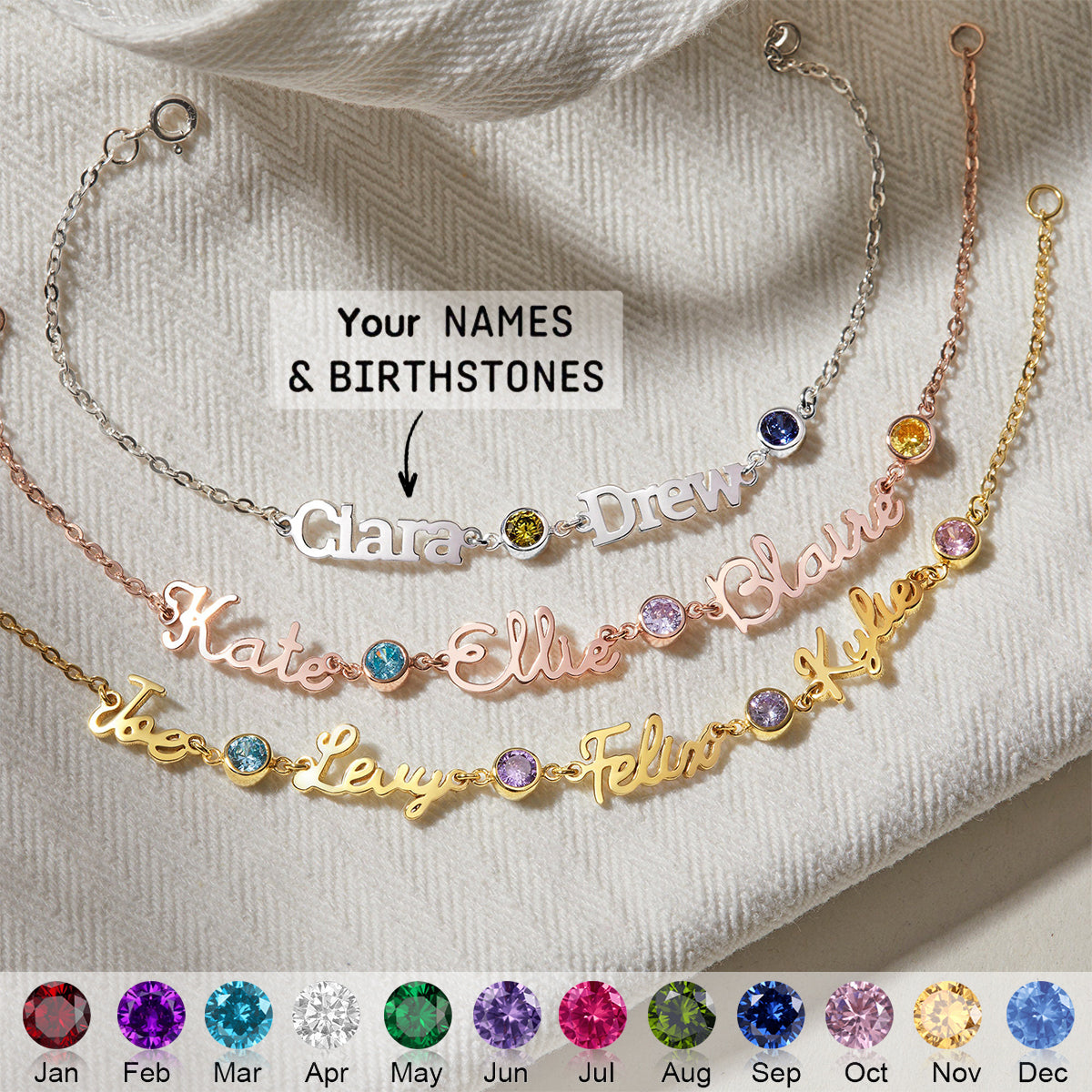 Personalized Birthstone And Name Bracelet - Gift For Mom,Grandma