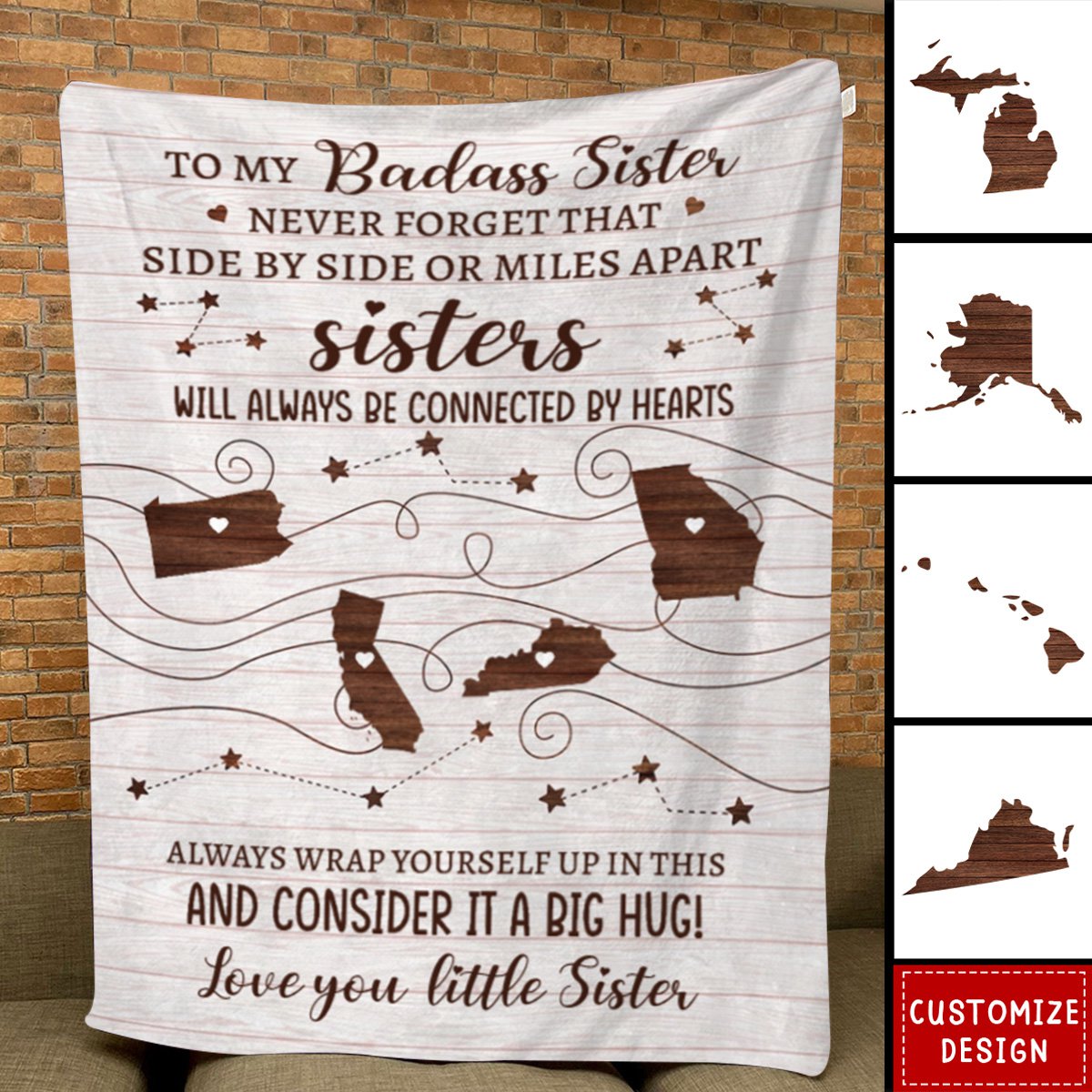 To Sister, Bestie, Friend - Consider It A Big Hug - Custom States - Personalized Blanket