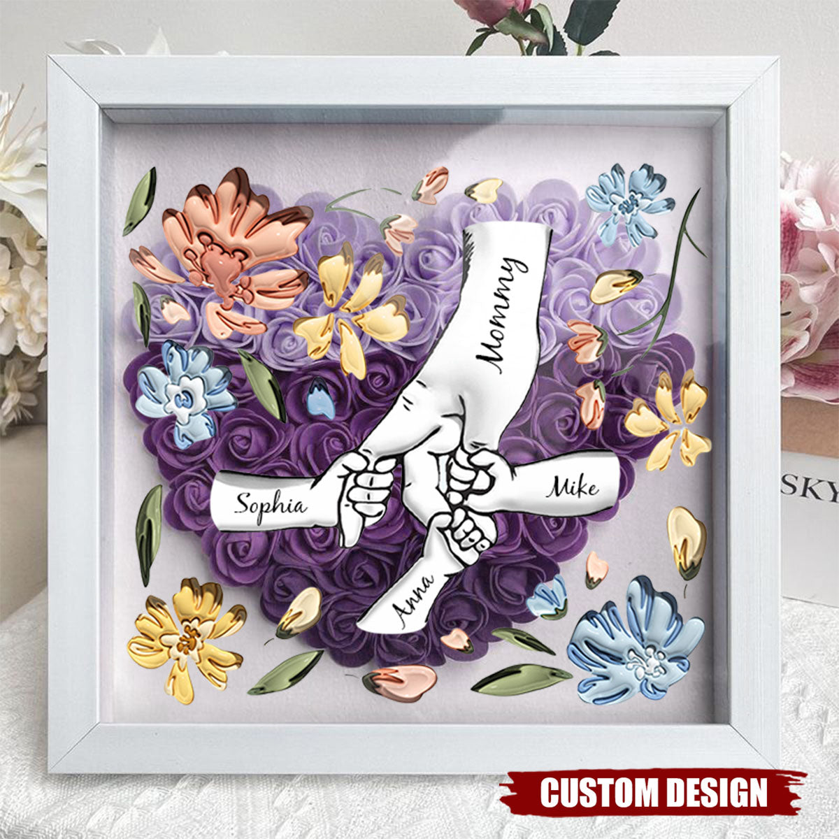 Holding Mom's Hands - Personalized Flower Shadow Box With Name