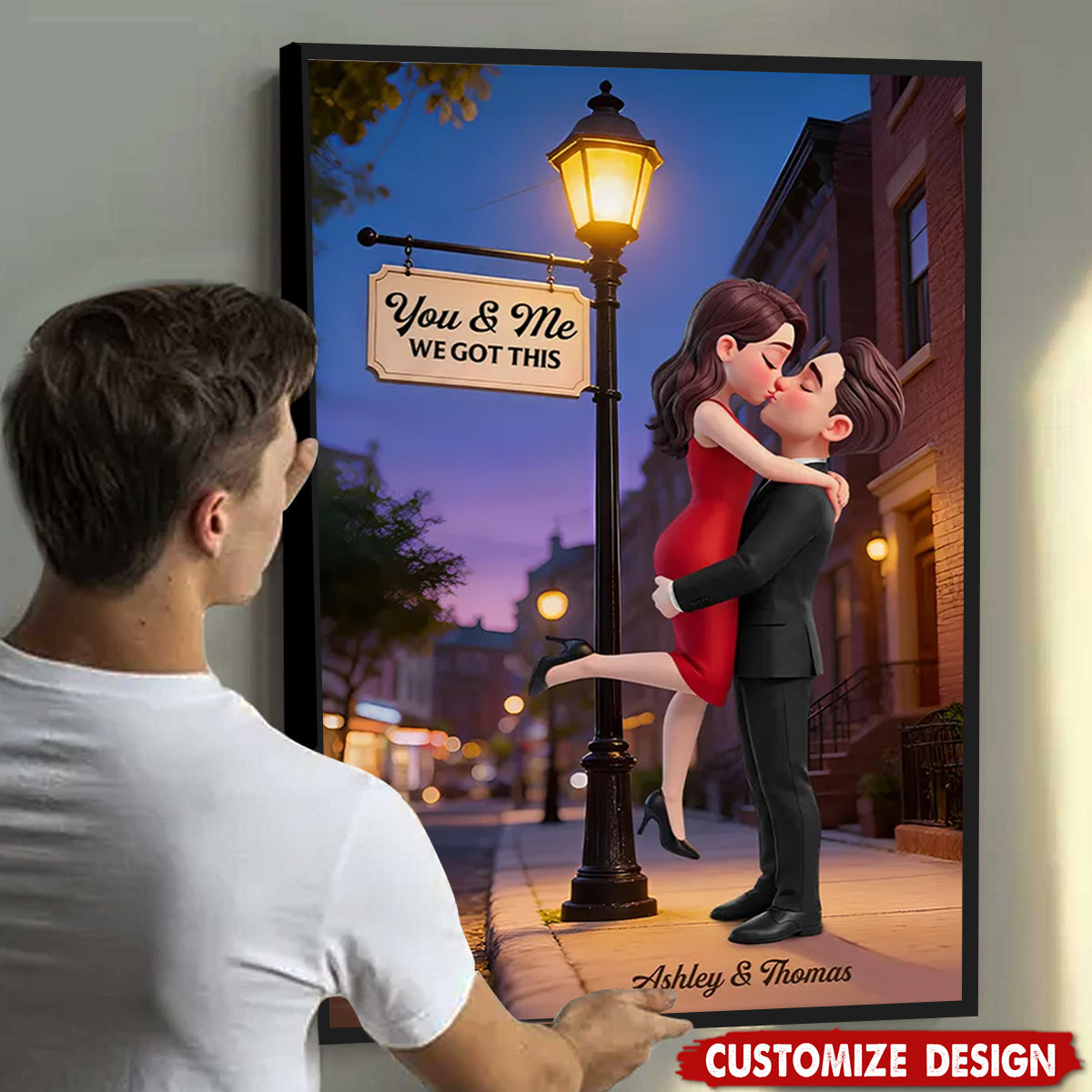 Eternal Love Couple Hugging Kissing Under Street Lamp Post - Personalized Poster - Valentine's Day Gift For Couple