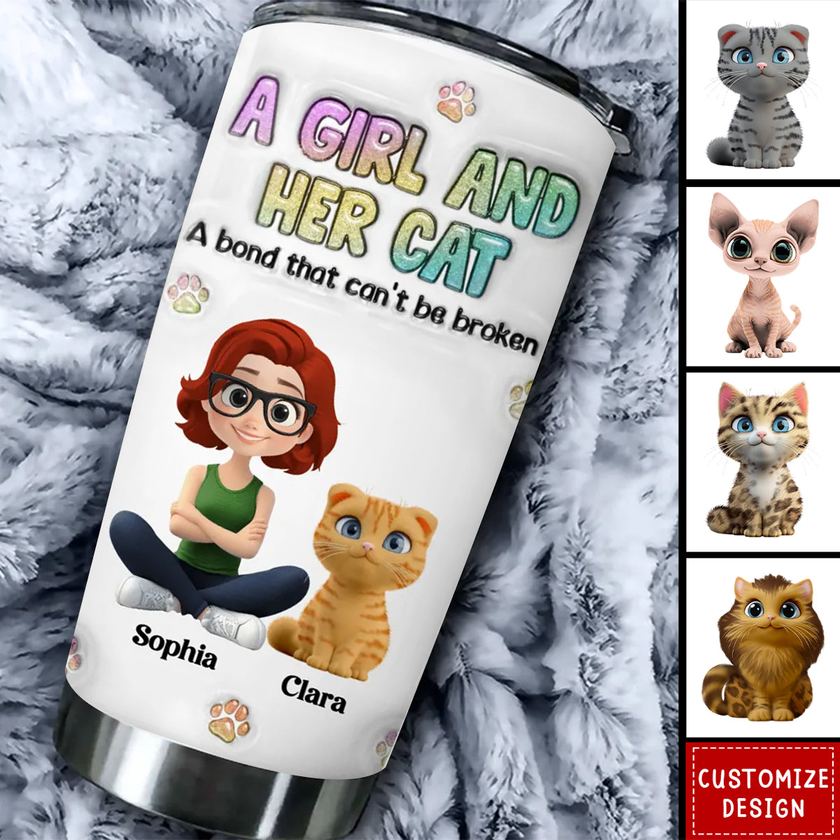 A Girl And Her Cat - Personalized Custom 3D Inflated Effect Tumbler